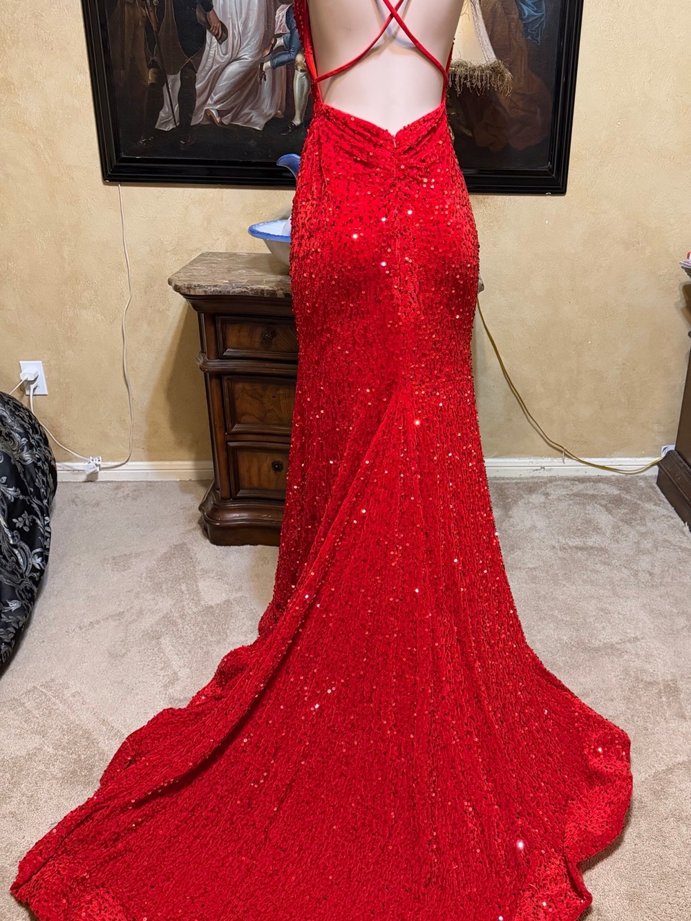 Red Sequin V-Neck Evening Gown - Picture 7 of 12